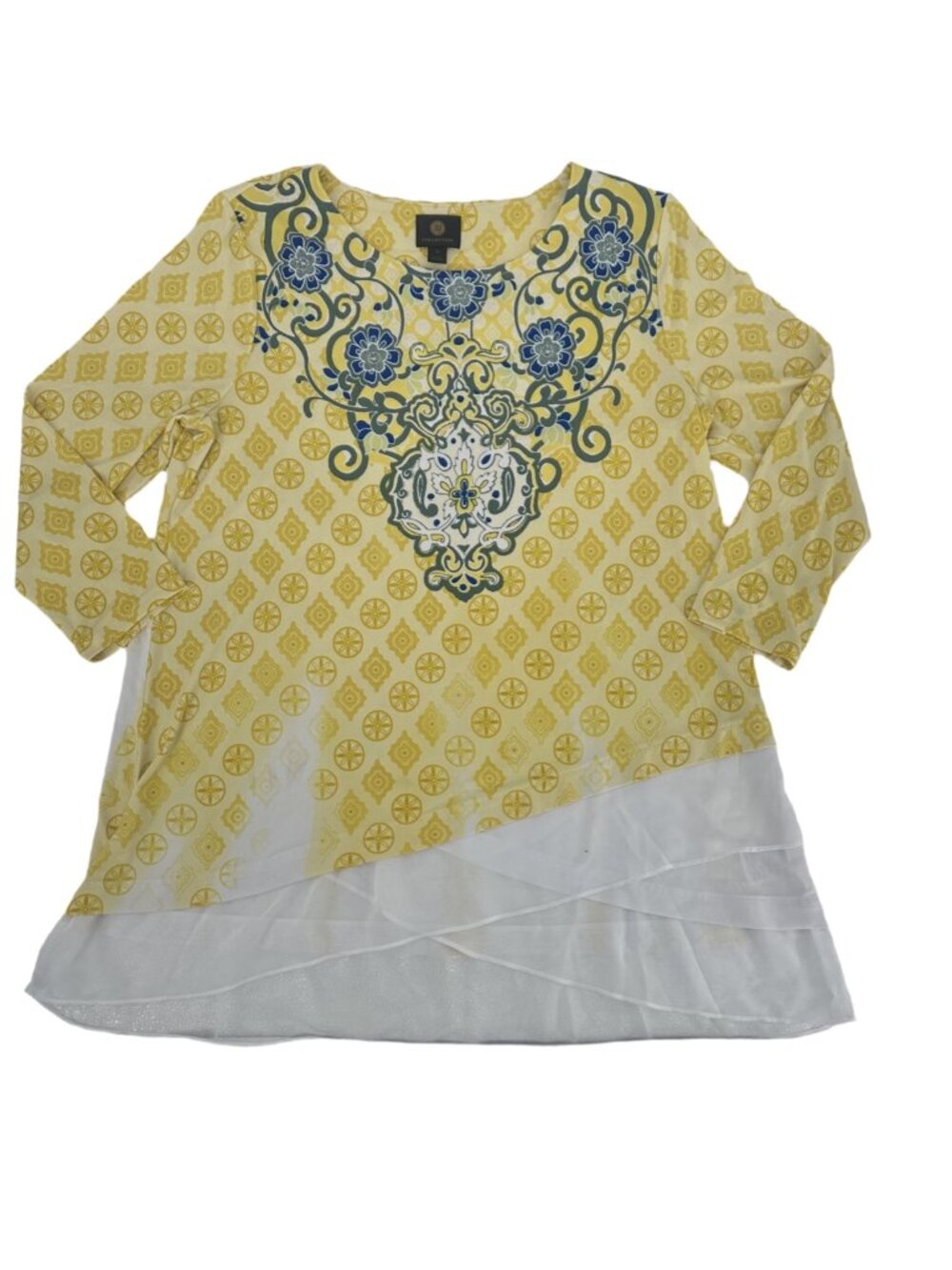 JM Collection Yellow Medallion Geometric Tunic Top Medium NWT Layered Hem